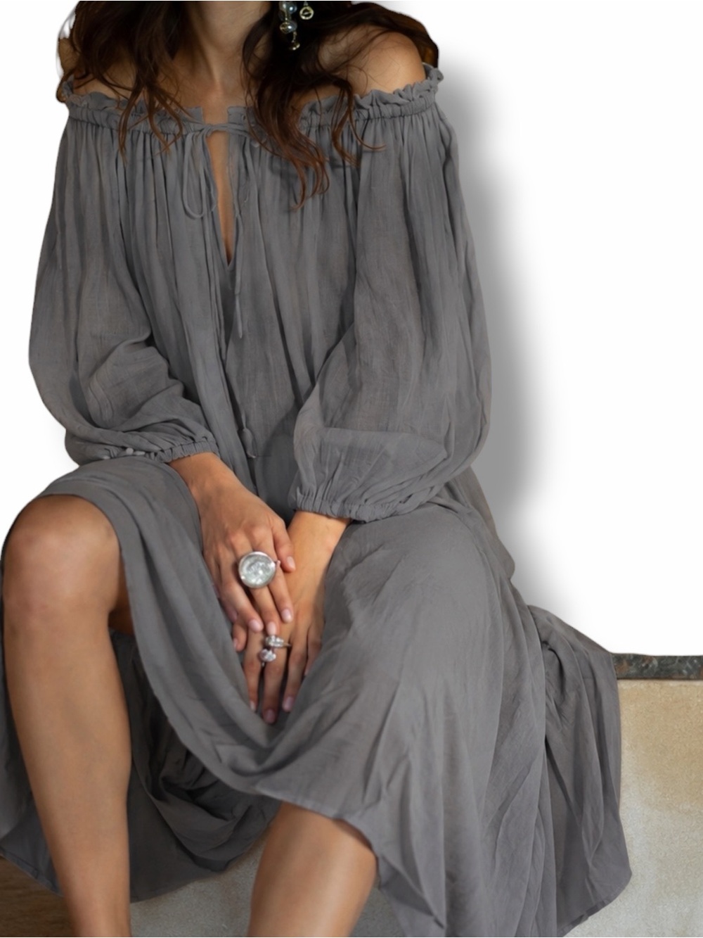 Kerry Grima Resort 100% Cotton Gray Off-Shoulder Maxi Dress Boho Resort ONE SIZE